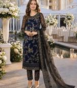 navy blue embroidered net semi stitched salwar suit