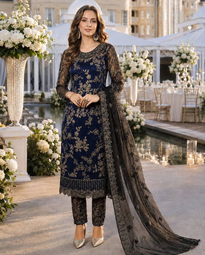 navy blue embroidered net semi stitched salwar suit