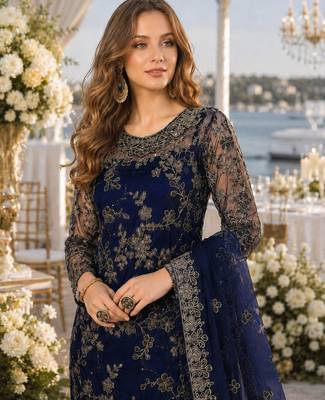 navy blue embroidered net semi stitched salwar suit 2