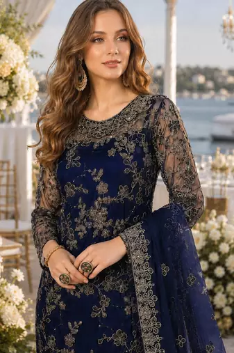 navy blue embroidered net semi stitched salwar suit