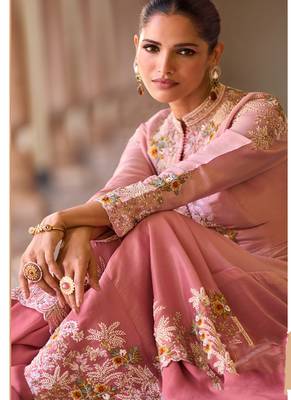 Designer pink silk blend embroidered shrug plazzo suit 2
