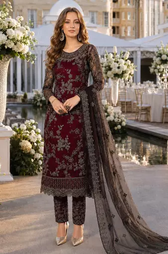 maroon embroidered net semi stitched salwar suit