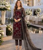 maroon embroidered net semi stitched salwar suit