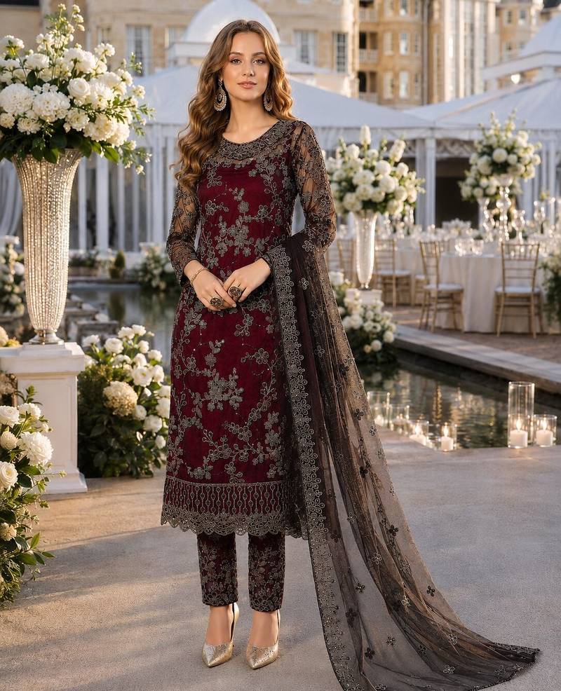 maroon embroidered net semi stitched salwar suit