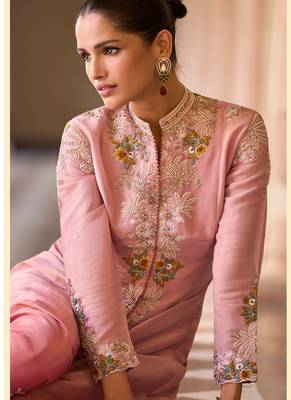 Designer pink silk blend embroidered shrug plazzo suit 3