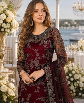 maroon embroidered net semi stitched salwar suit 2