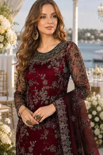 maroon embroidered net semi stitched salwar suit