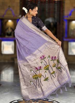 Lavender cotton silk saree with colorful floral weaving pallu with blouse 2