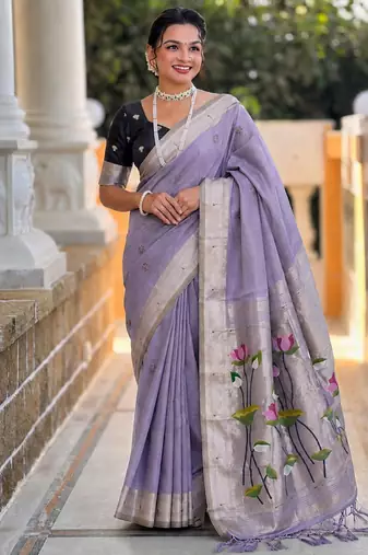 Lavender cotton silk saree with colorful floral weaving pallu with blouse