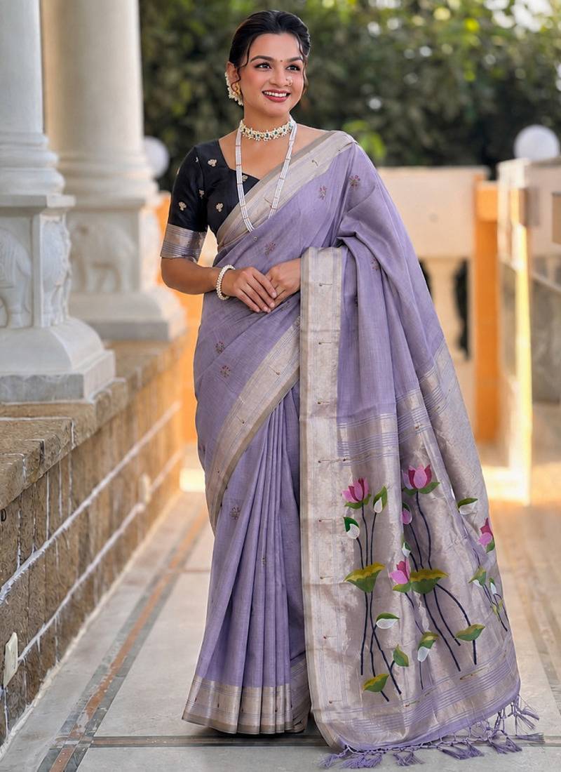 Lavender cotton silk saree with colorful floral weaving pallu with blouse