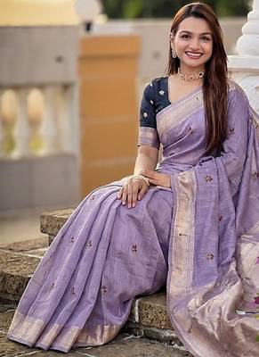 Lavender cotton silk saree with colorful floral weaving pallu with blouse 4