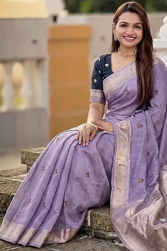 Lavender cotton silk saree with colorful floral weaving pallu with blouse