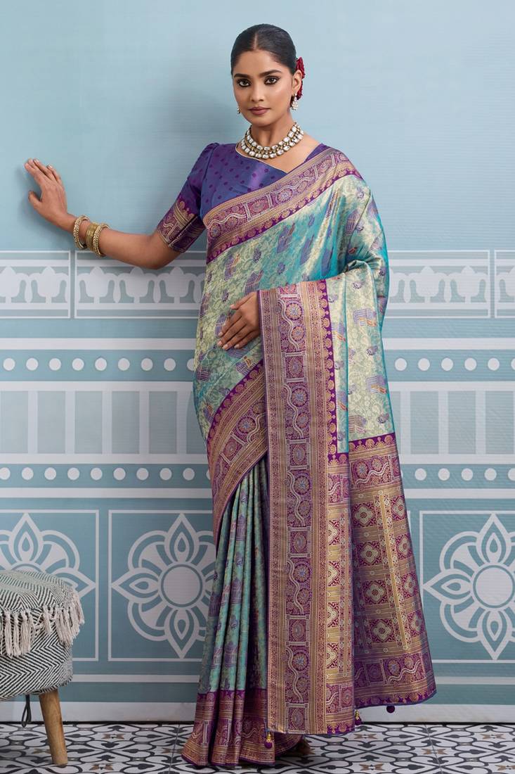 sky blue kanjivaram soft silk blend zari with meenakari weaving saree with blouse