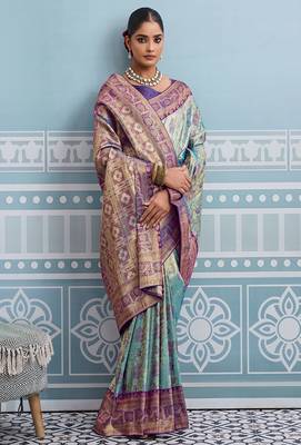 sky blue kanjivaram soft silk blend zari with meenakari weaving saree with blouse 2
