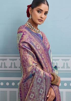sky blue kanjivaram soft silk blend zari with meenakari weaving saree with blouse 3