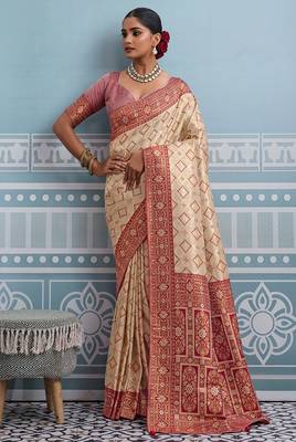 cream kanjivaram soft silk blend zari with meenakari weaving saree with blouse 1