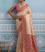 cream kanjivaram soft silk blend zari with meenakari weaving saree with blouse