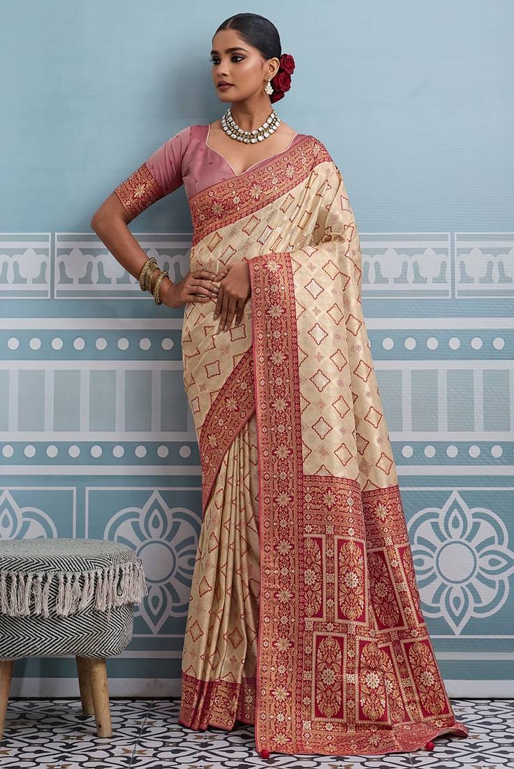 cream kanjivaram soft silk blend zari with meenakari weaving saree with blouse