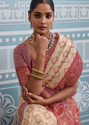 cream kanjivaram soft silk blend zari with meenakari weaving saree with blouse 2