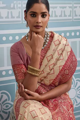 cream kanjivaram soft silk blend zari with meenakari weaving saree with blouse