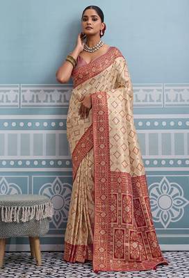 cream kanjivaram soft silk blend zari with meenakari weaving saree with blouse 3
