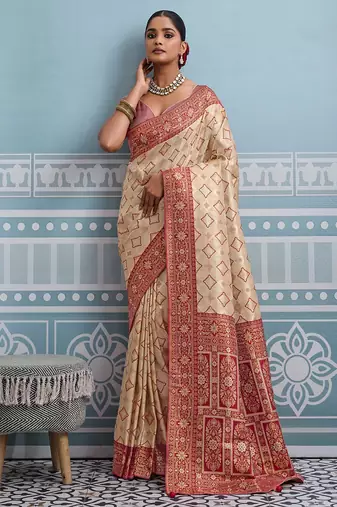 cream kanjivaram soft silk blend zari with meenakari weaving saree with blouse