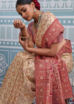 cream kanjivaram soft silk blend zari with meenakari weaving saree with blouse 4