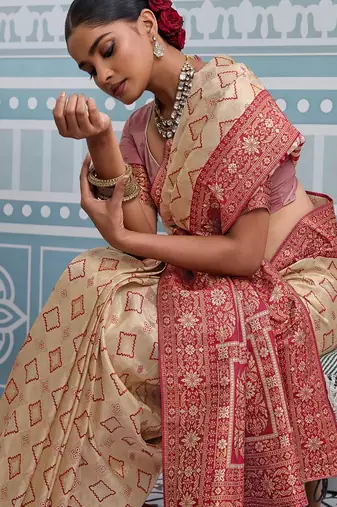 cream kanjivaram soft silk blend zari with meenakari weaving saree with blouse