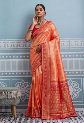 orange kanjivaram soft silk blend zari with meenakari weaving saree with blouse 1
