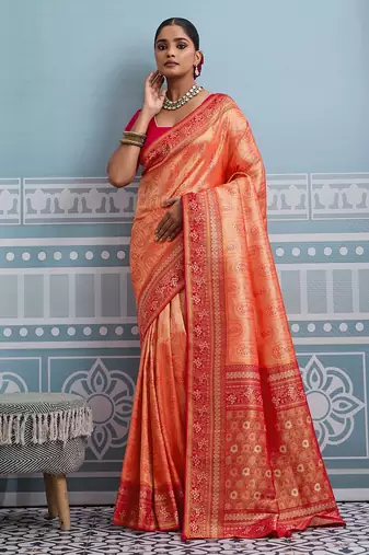 orange kanjivaram soft silk blend zari with meenakari weaving saree with blouse
