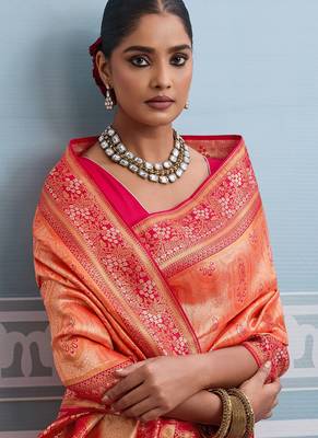 orange kanjivaram soft silk blend zari with meenakari weaving saree with blouse 2