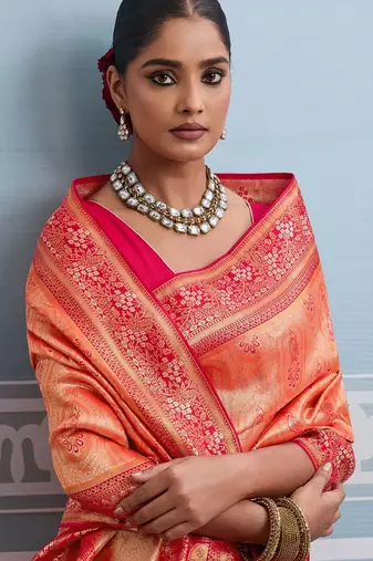 orange kanjivaram soft silk blend zari with meenakari weaving saree with blouse