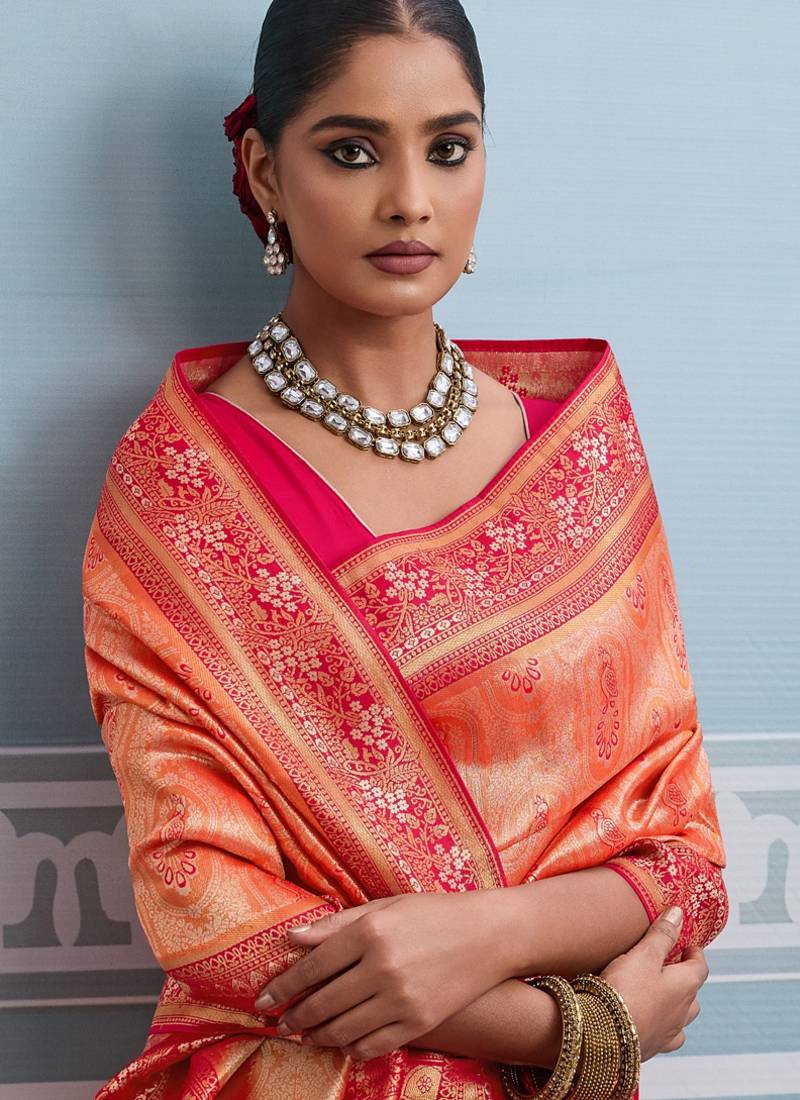 orange kanjivaram soft silk blend zari with meenakari weaving saree with blouse