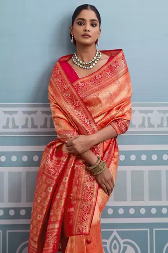 orange kanjivaram soft silk blend zari with meenakari weaving saree with blouse