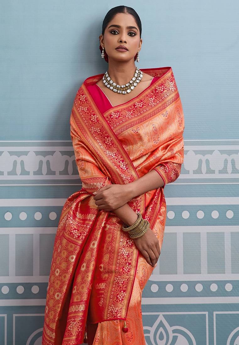 orange kanjivaram soft silk blend zari with meenakari weaving saree with blouse