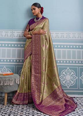 mehendi kanjivaram soft silk blend zari with meenakari weaving saree with blouse 1