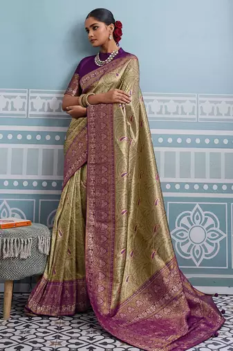 mehendi kanjivaram soft silk blend zari with meenakari weaving saree with blouse