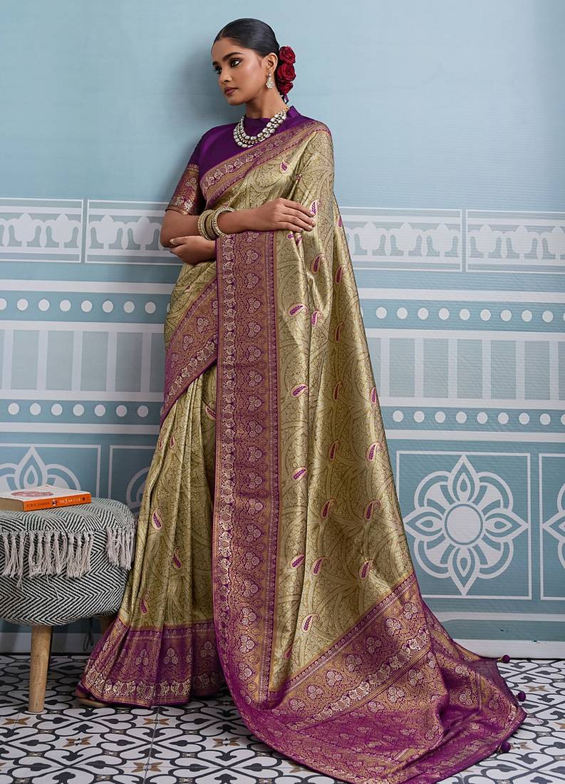 mehendi kanjivaram soft silk blend zari with meenakari weaving saree with blouse
