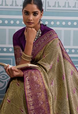 mehendi kanjivaram soft silk blend zari with meenakari weaving saree with blouse 2