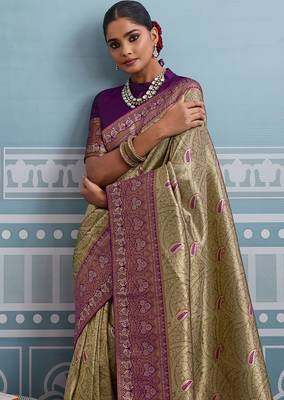 mehendi kanjivaram soft silk blend zari with meenakari weaving saree with blouse 3