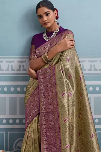 mehendi kanjivaram soft silk blend zari with meenakari weaving saree with blouse