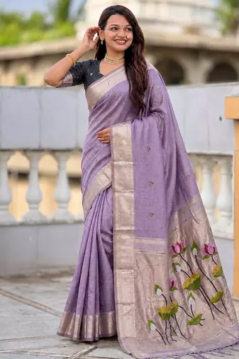 Lavender cotton silk saree with colorful floral weaving pallu with blouse