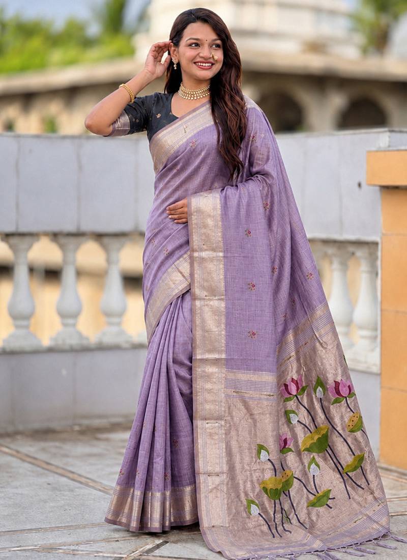 Lavender cotton silk saree with colorful floral weaving pallu with blouse