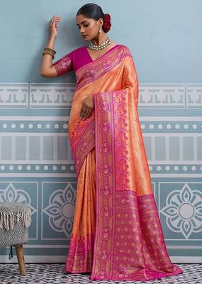 orange kanjivaram soft silk blend zari with meenakari weaving saree with blouse 1