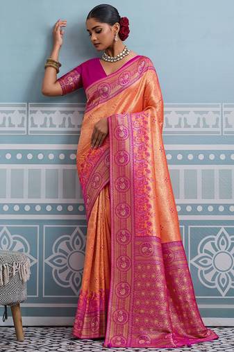 orange kanjivaram soft silk blend zari with meenakari weaving saree with blouse