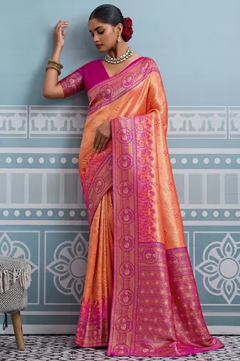 orange kanjivaram soft silk blend zari with meenakari weaving saree with blouse