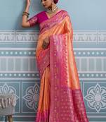 orange kanjivaram soft silk blend zari with meenakari weaving saree with blouse