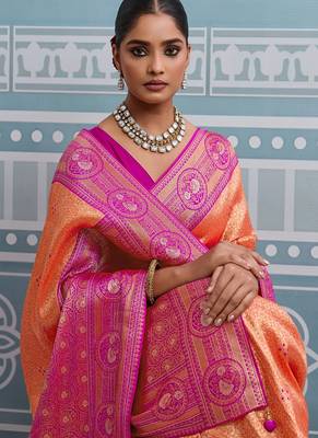 orange kanjivaram soft silk blend zari with meenakari weaving saree with blouse 2