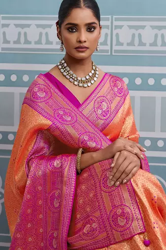 orange kanjivaram soft silk blend zari with meenakari weaving saree with blouse