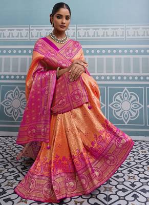 orange kanjivaram soft silk blend zari with meenakari weaving saree with blouse 3